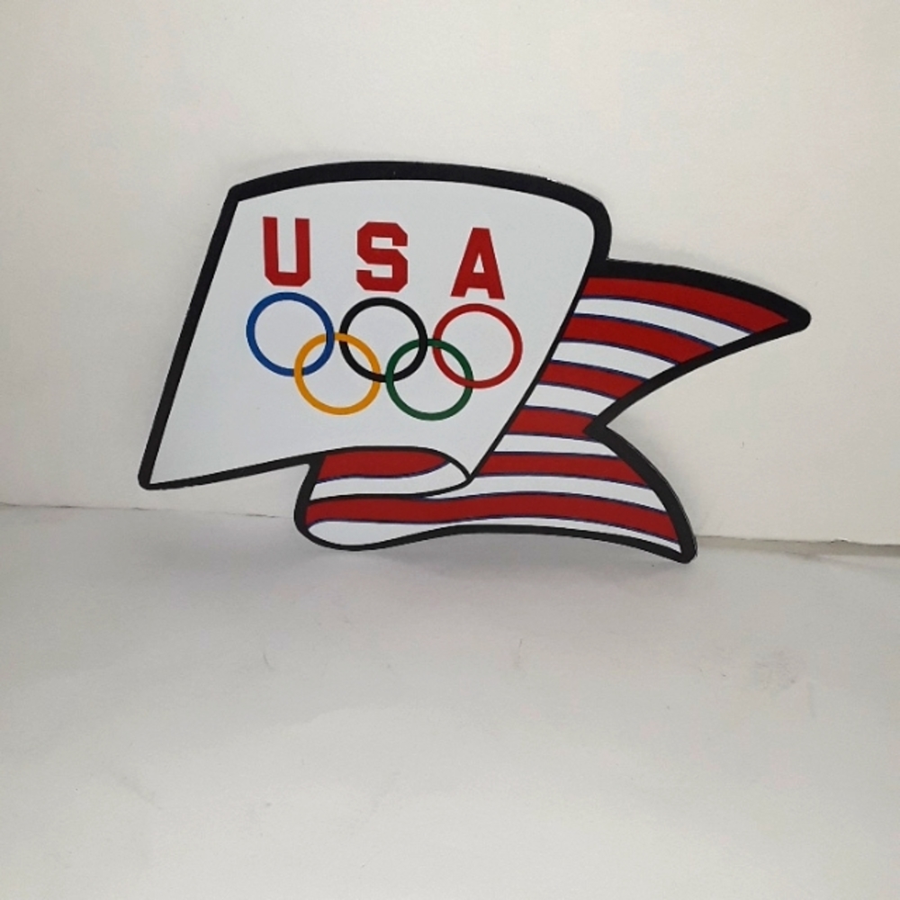 RARE VTG LARGE USA OLYMPICS U.S. FLAG RINGS SOUVENIR RUBBER REFRIGERATOR MAGNET